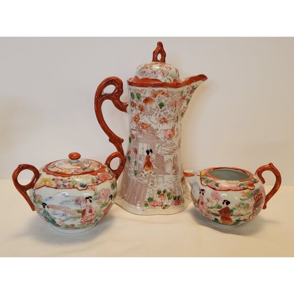 Vintage Japanese Porcelain Chocolate Coffee Pot W Creamer & Sugar Bowl Set Handp - Picture 1 of 13